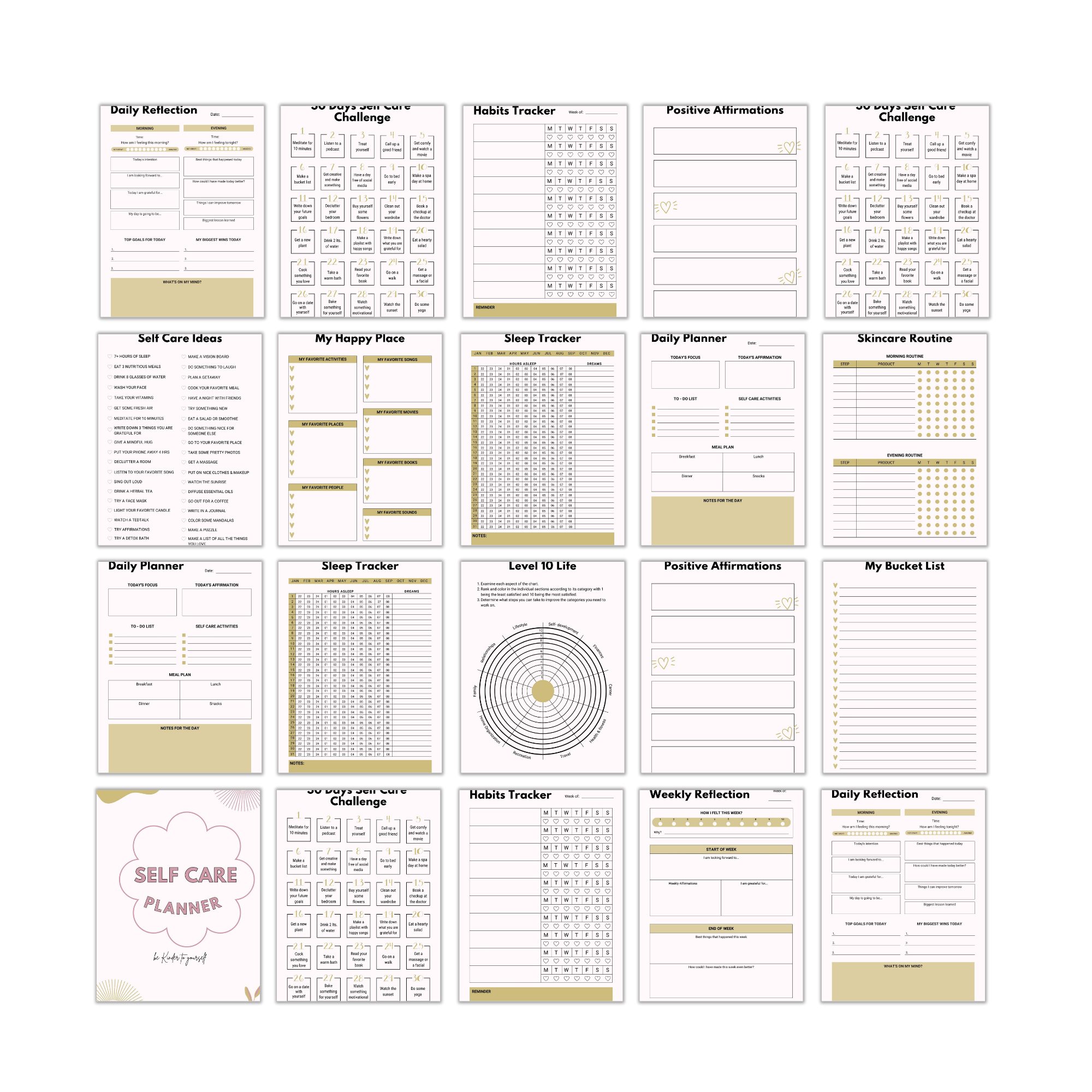 A grid of various self-care planner pages, including habit trackers, daily planners, positive affirmations, sleep trackers, skincare routines, a bucket list, and a cover labeled Self Care Planner in light pink and beige tones.