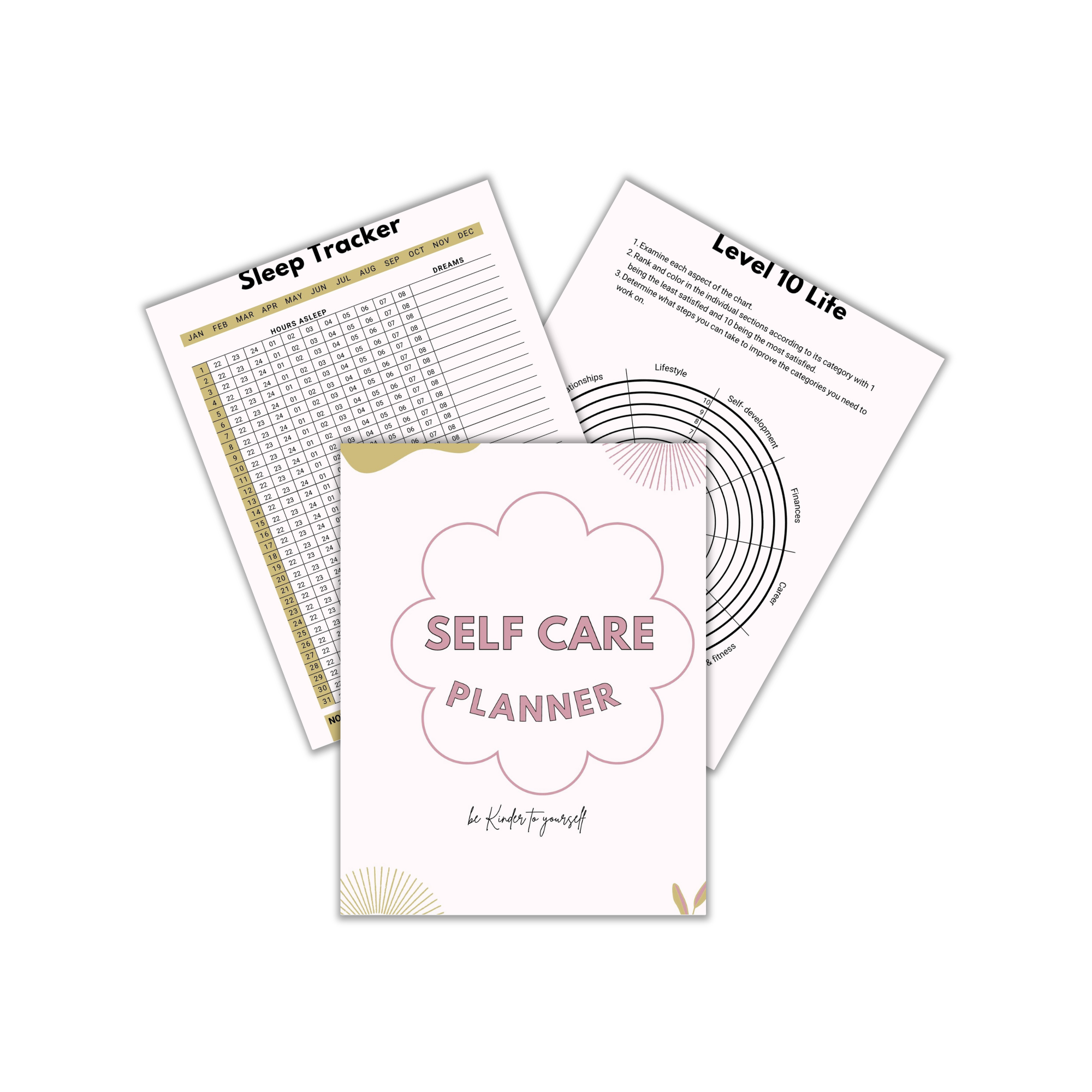 Three printable planner pages: a cover titled Self Care Planner with floral design, a Sleep Tracker chart, and a Level 10 Life wheel chart for self-assessment, all arranged on a white background.