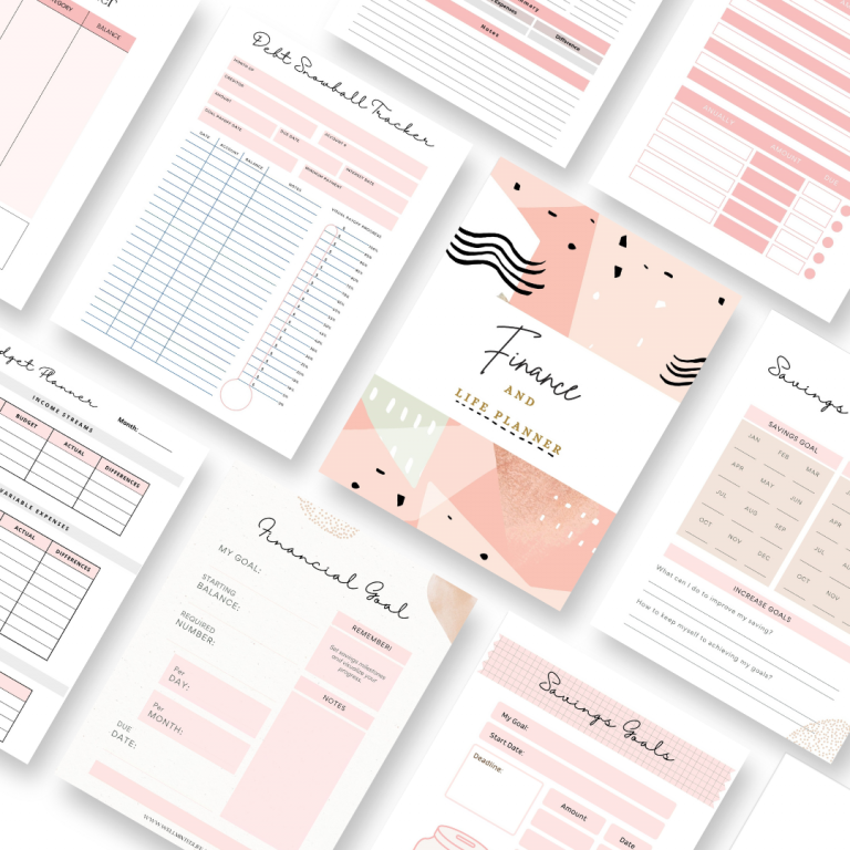 A flat lay of various pink and white financial planning sheets, including debt trackers, savings goals, monthly budgets, and a central “Finance and Life Planner” cover page with abstract designs.