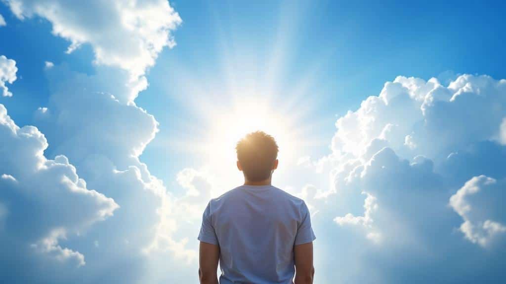 A person stands facing a bright sun surrounded by dramatic clouds, with rays of sunlight streaming through the sky, creating a sense of hope and contemplation.