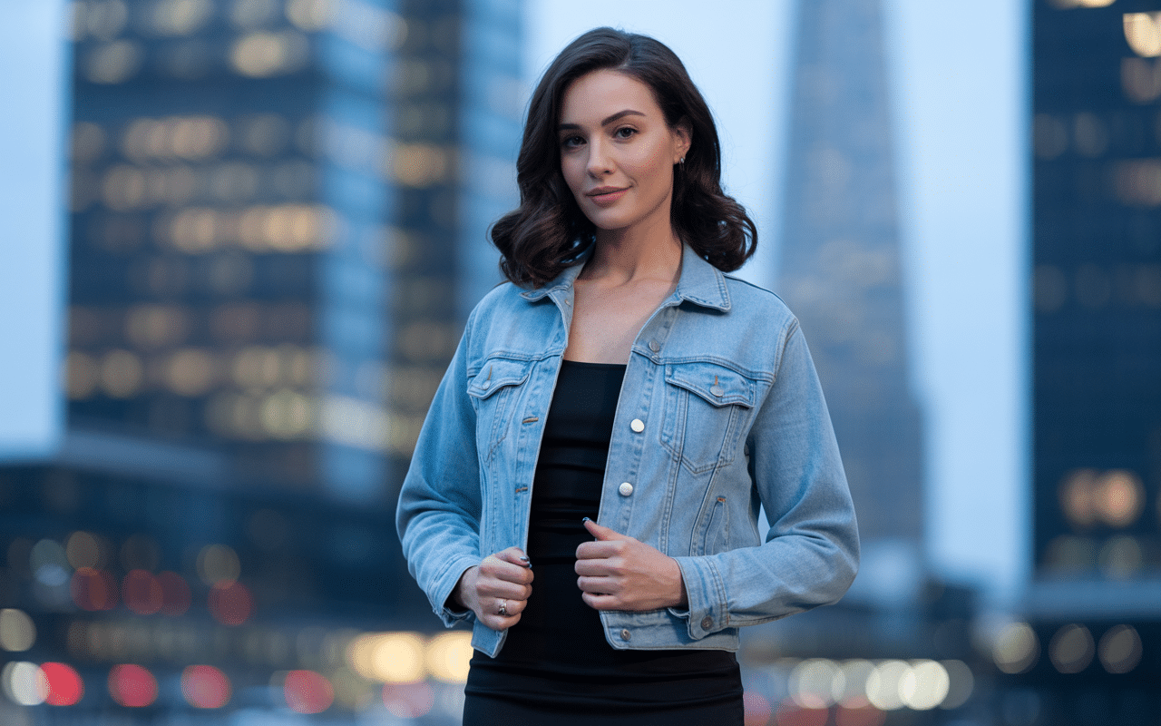 A woman with wavy brown hair stands outdoors in front of city skyscrapers at dusk, wearing a light blue denim jacket over a black top, looking confidently at the camera.