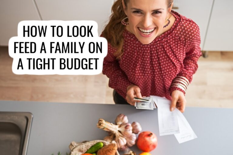 A smiling woman in a red blouse holds cash and receipts in a kitchen, standing near a counter with vegetables. Text reads: “How to look feed a family on a tight budget.”.
