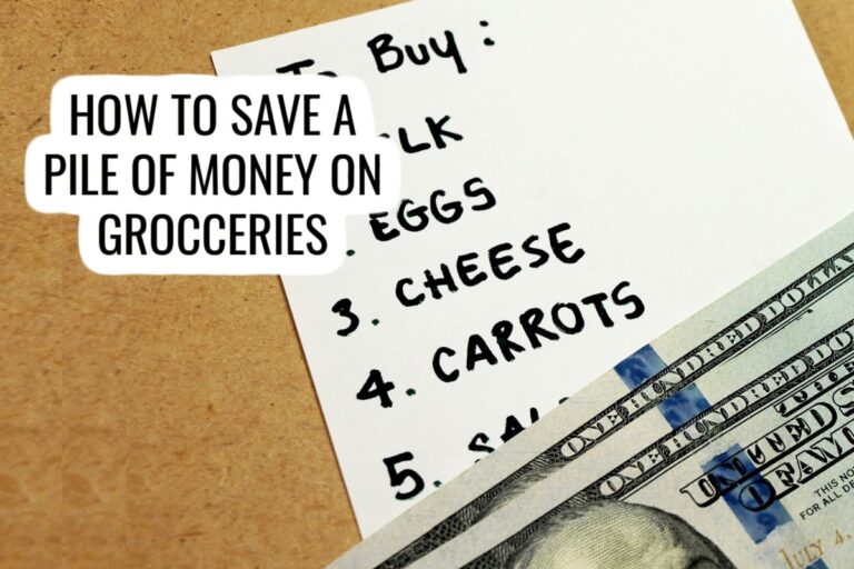A handwritten grocery list and a stack of hundred-dollar bills sit on a table. Text on the image reads, How to save a pile of money on groceries.