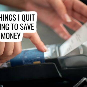 receipt printing. Text reads "14 things I quit buying to save money"