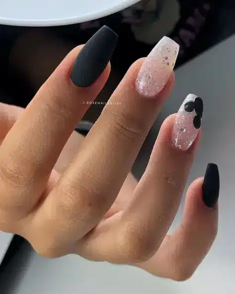 black and glitter disney nails