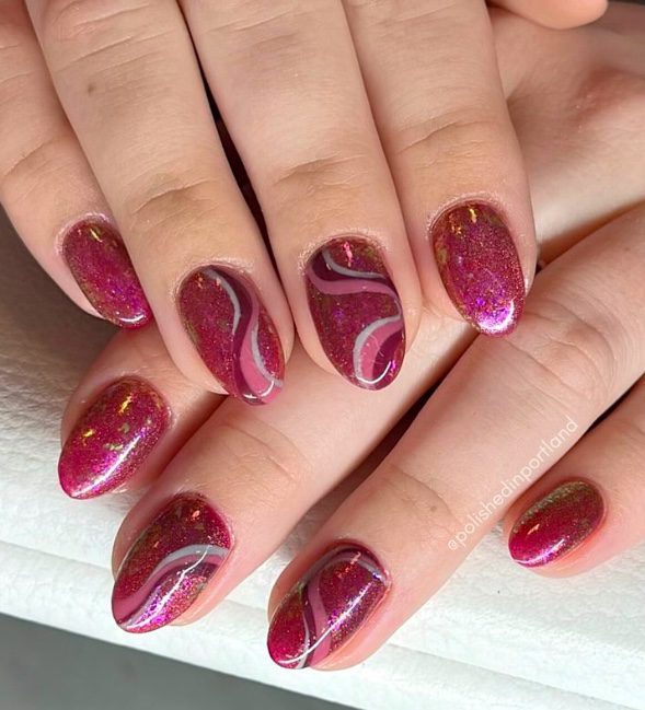 70s inspired wavy pink nails