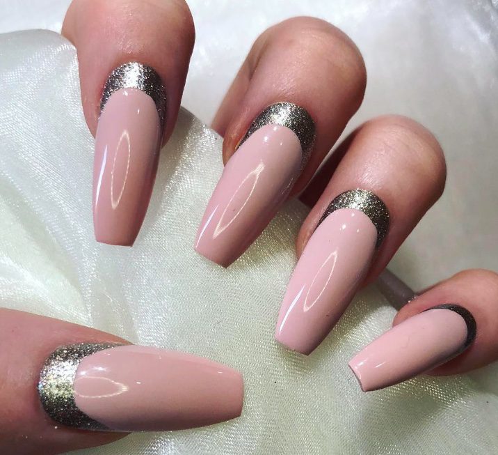 reverse french tips dusty rose nails