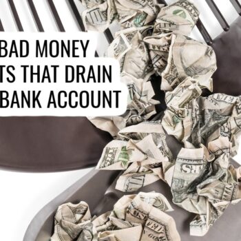 Crumpled dollar bills falling through the slots of a brown plastic chair, with the text 9 Bad Money Habits That Drain Your Bank Account overlaying the image.