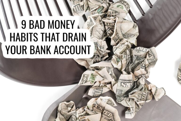 Crumpled dollar bills falling through the slots of a brown plastic chair, with the text 9 Bad Money Habits That Drain Your Bank Account overlaying the image.