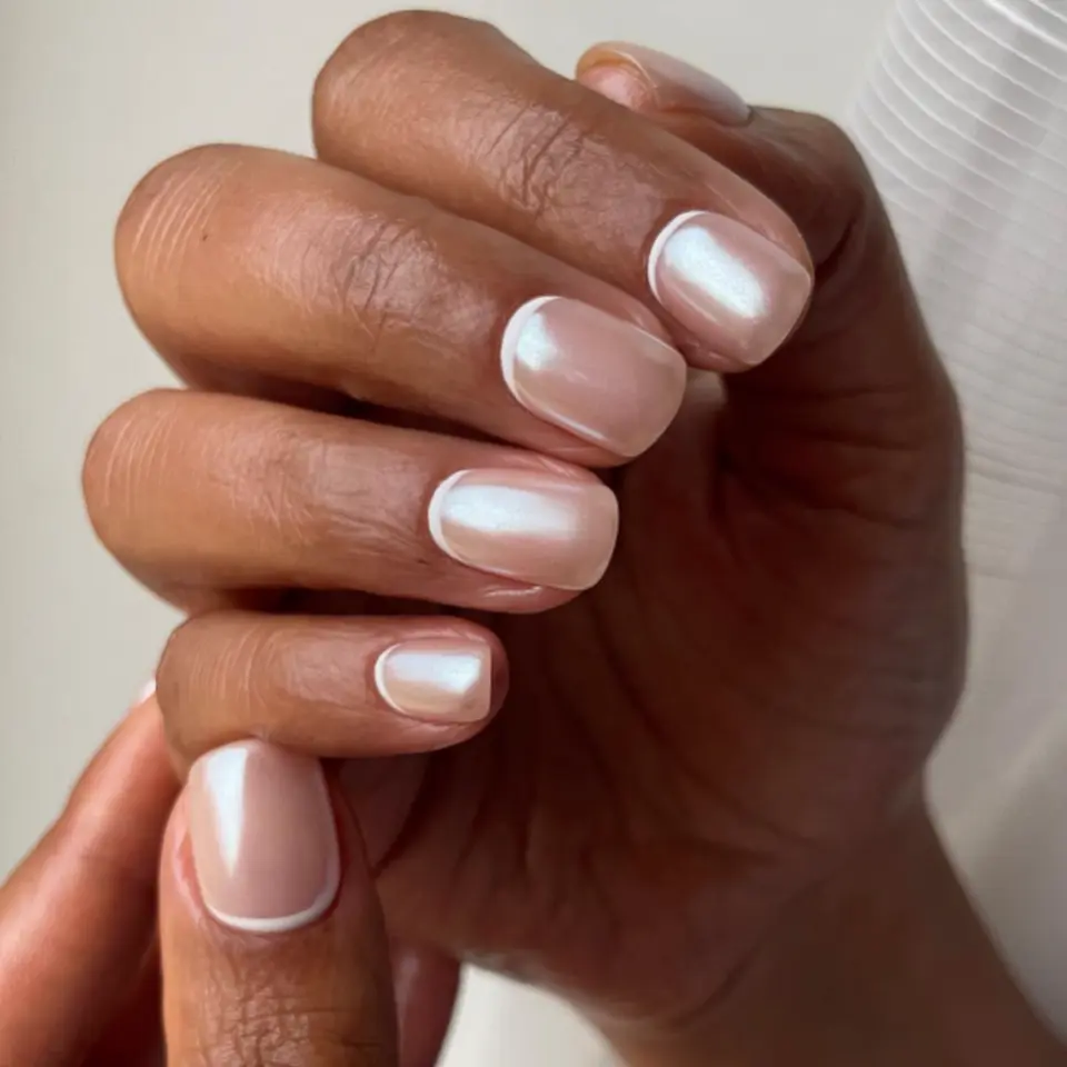 rose gold reverse french tip classy engagement nails