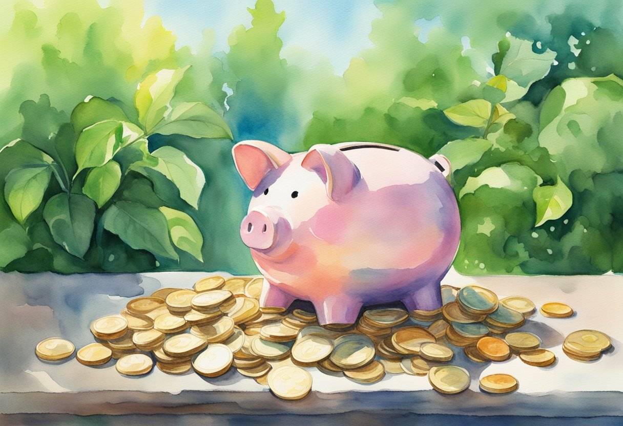 A bright sun shining down on a piggy bank overflowing with coins, surrounded by lush green plants and a clear blue sky
