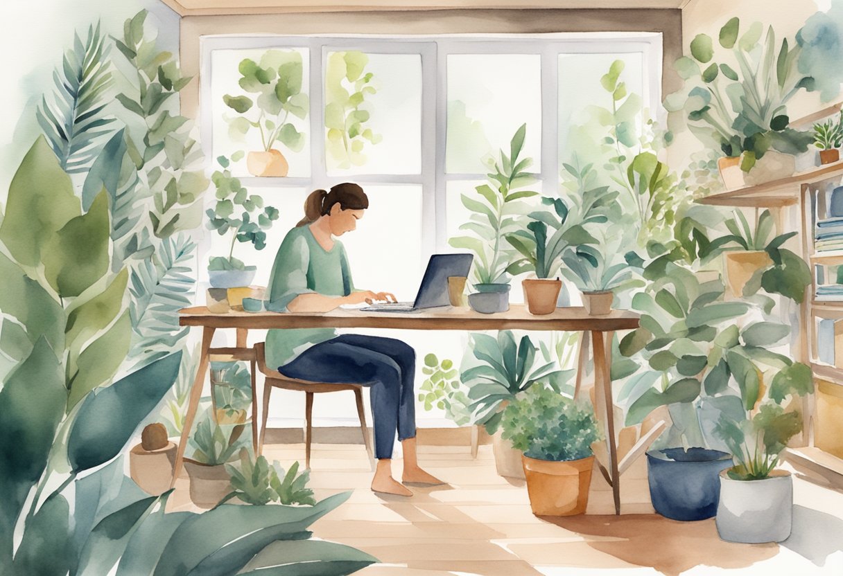 A person sitting at a desk, surrounded by plants and nature-themed decor, happily organizing their budget and making mindful spending decisions