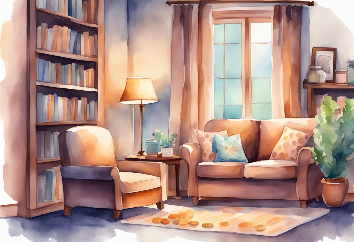 A cozy living room with a fireplace, bookshelves, and a comfortable armchair. A desk with a laptop and financial documents. A piggy bank and a jar of coins on the table