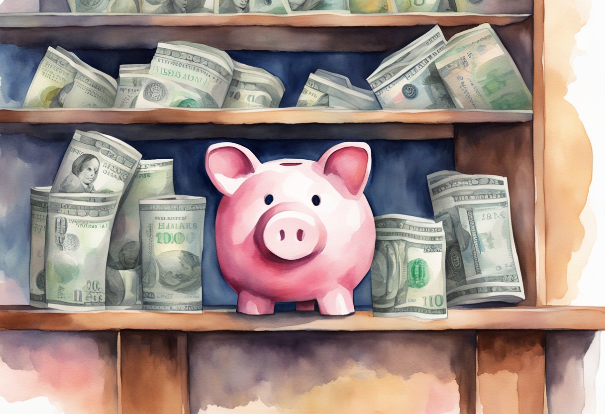A piggy bank sits on a shelf, surrounded by coins and dollar bills. A hand reaches out to drop a coin into the slot