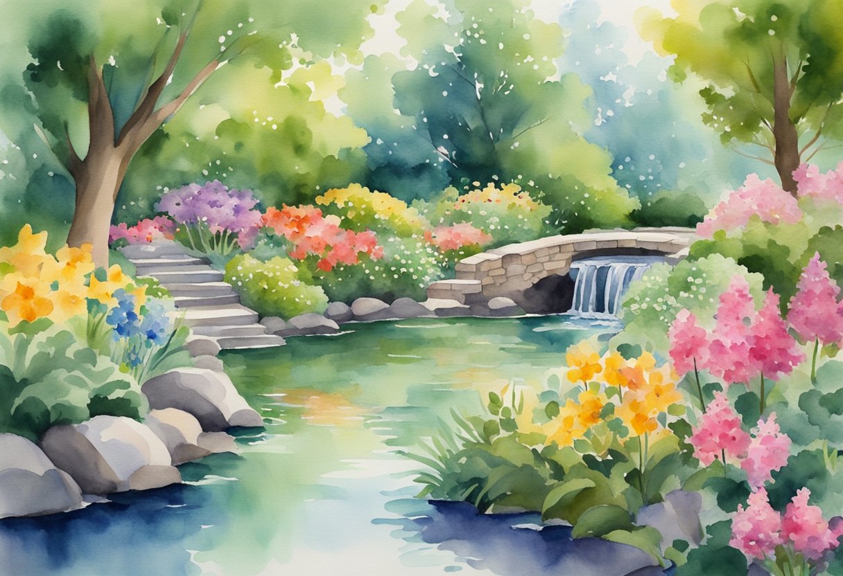 A serene garden with a flowing stream, surrounded by lush greenery and colorful flowers, with a peaceful atmosphere conveying the concept of mindfulness and money management