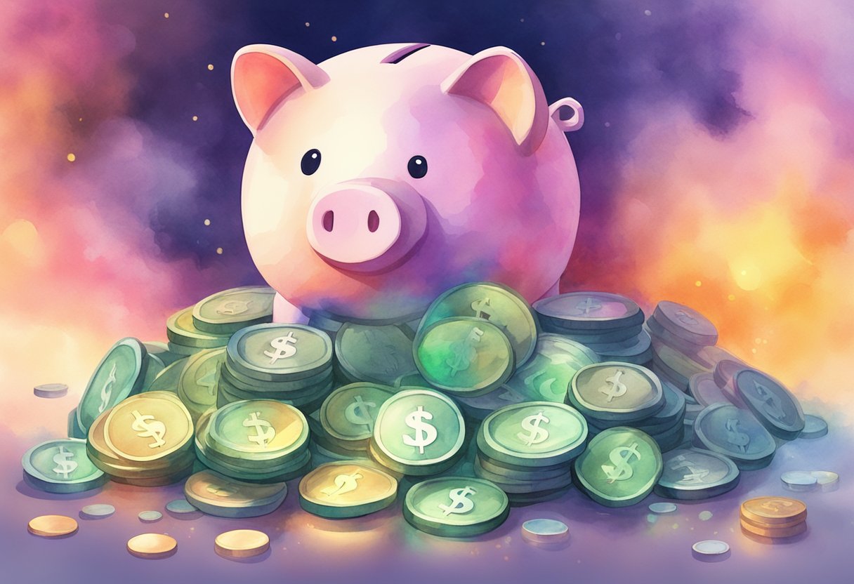 A pile of coins and dollar bills surrounded by a glowing aura, with a piggy bank in the background