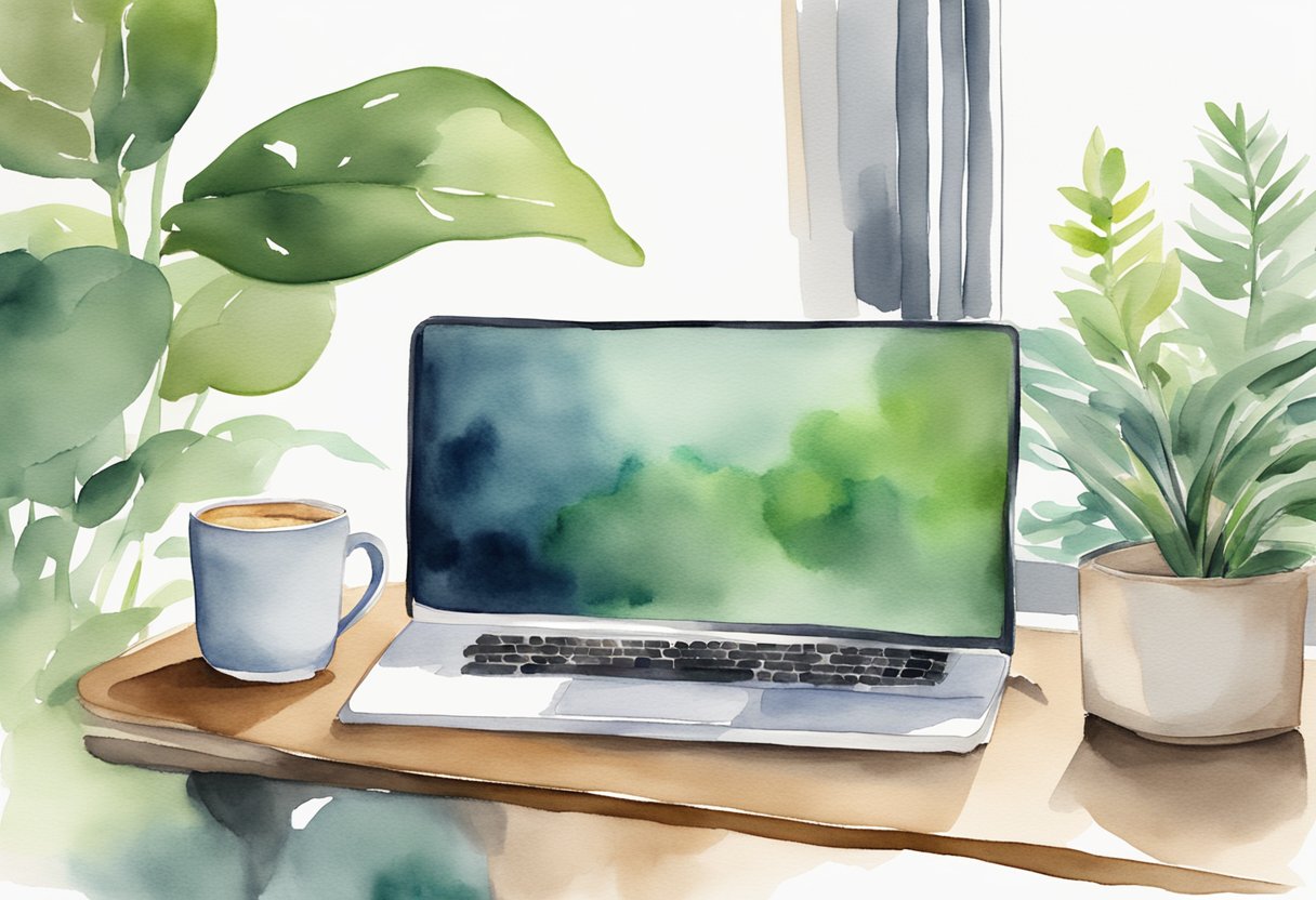 A calm, organized workspace with a laptop, notebook, and a cup of coffee. A plant adds a touch of greenery, and natural light floods the room