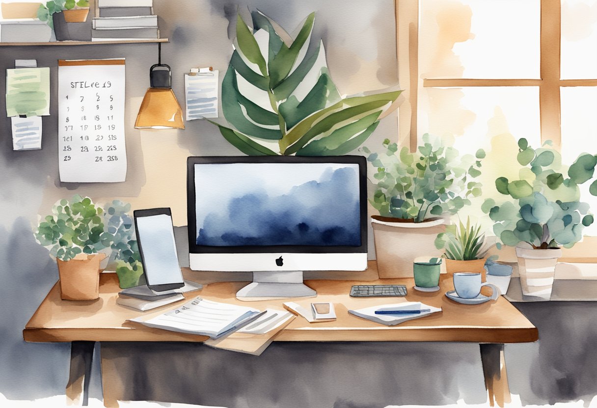 A cozy home office with a desk, computer, and potted plants. A calendar and to-do list are pinned to the wall, with a cup of coffee nearby