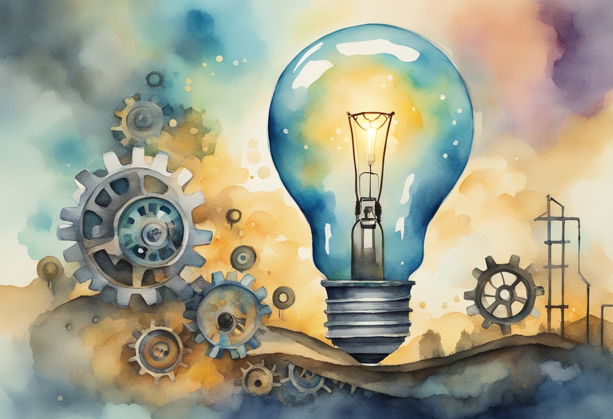 A bright, glowing lightbulb surrounded by gears and energy symbols, with a winding road leading towards it