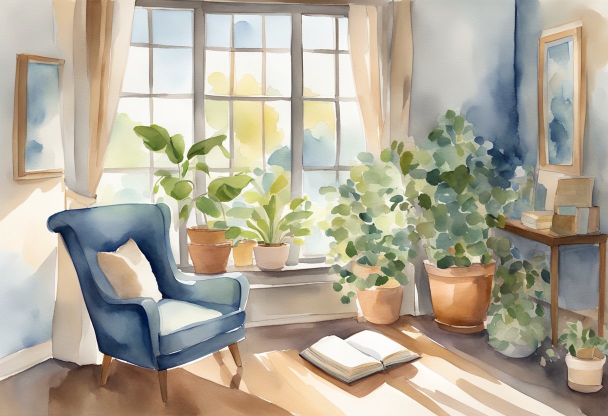 A serene, sunlit room with a cozy chair, a potted plant, and a journal open on a table, surrounded by calming colors and natural elements