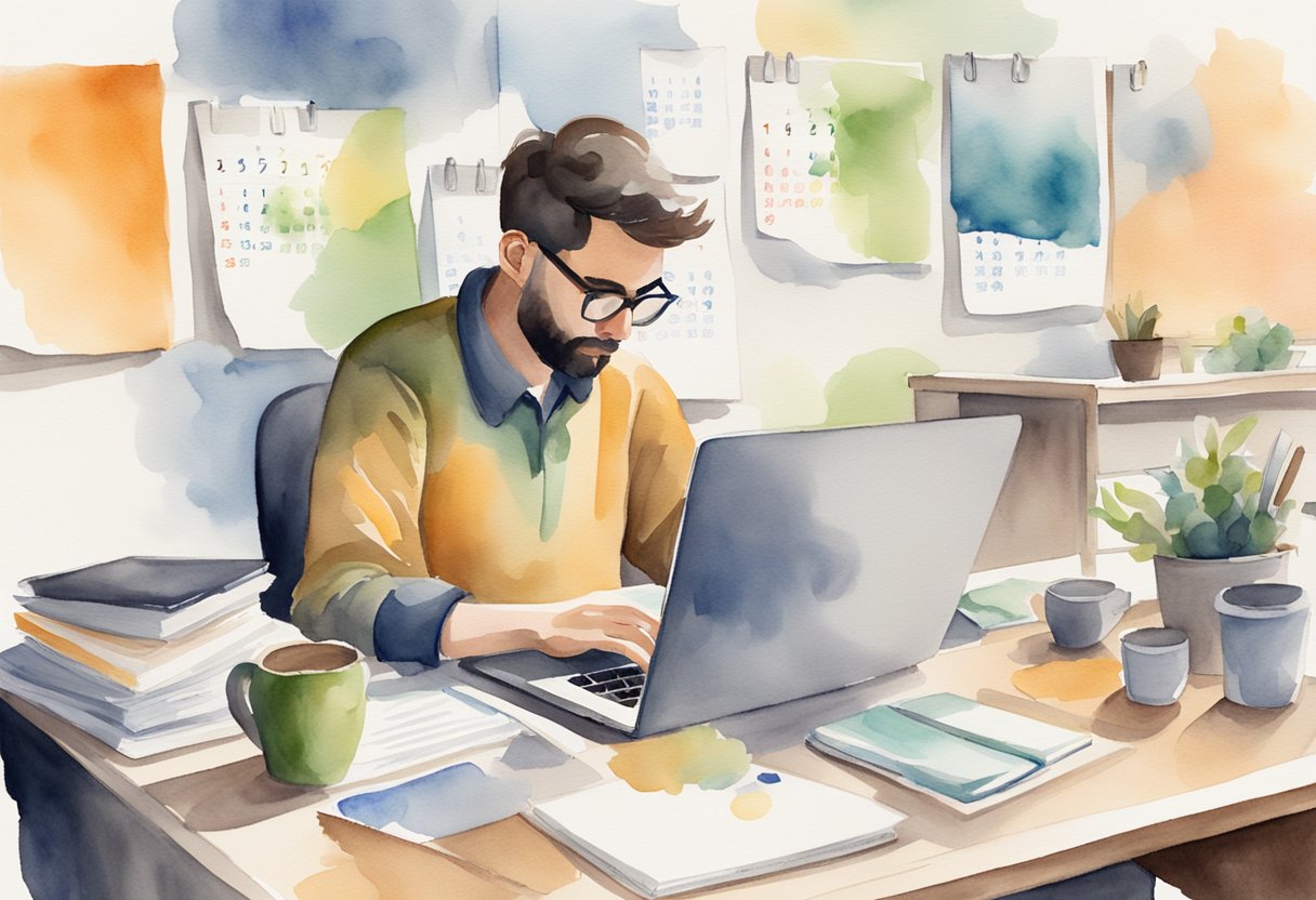 A person sitting at a desk, surrounded by a laptop, notebooks, and a calendar. They are juggling multiple tasks while trying to maintain a sense of balance and focus