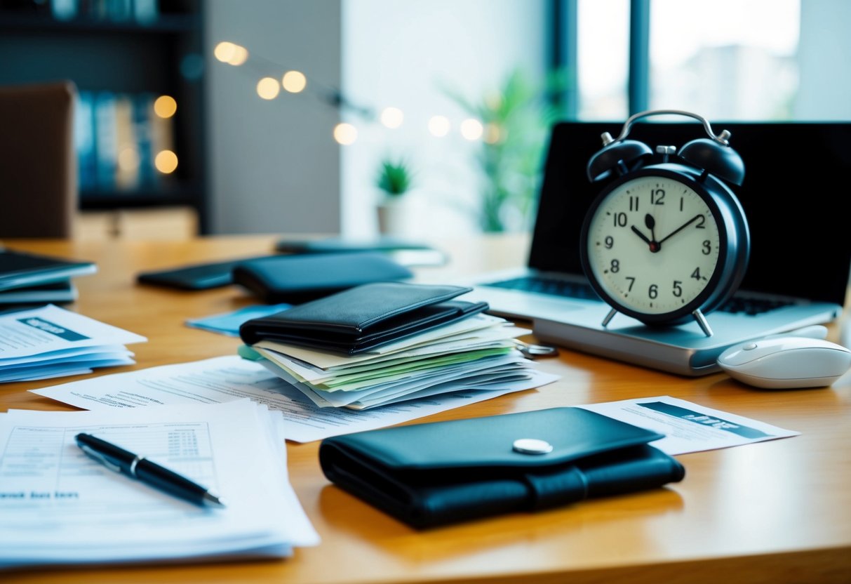 A cluttered desk with unpaid bills, empty wallet, and a clock showing late hours
