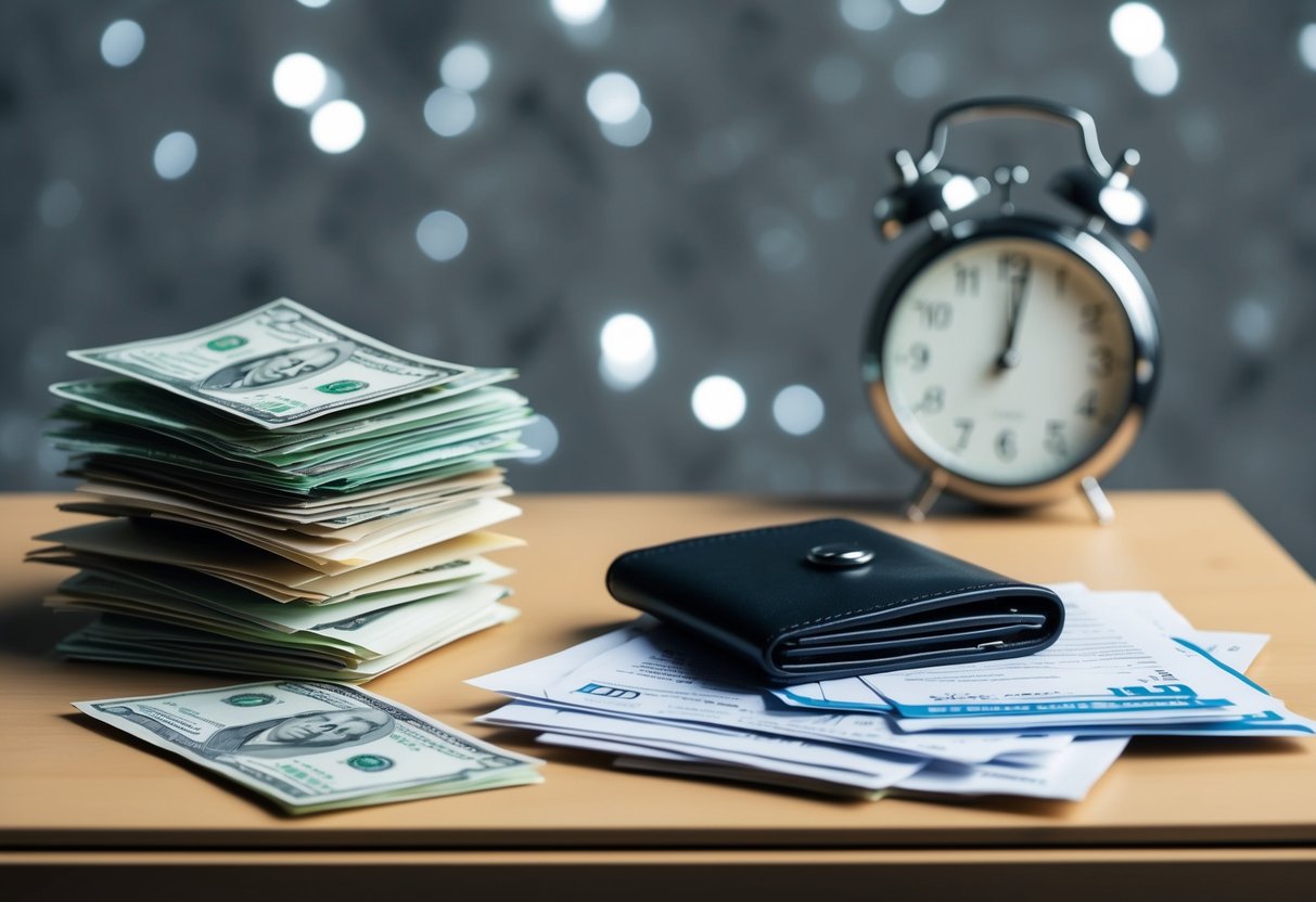 A pile of unpaid bills and empty wallet on a barren desk. A clock ticking ominously in the background
