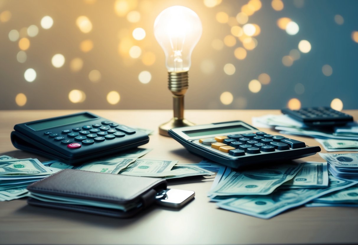 A cluttered desk with scattered bills, empty wallet, and a calculator. A light bulb above symbolizes a solution