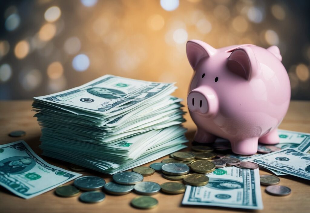 A pink piggy bank sits next to stacked and scattered U.S. dollar bills and coins on a wooden surface, with a blurred gold and white background.