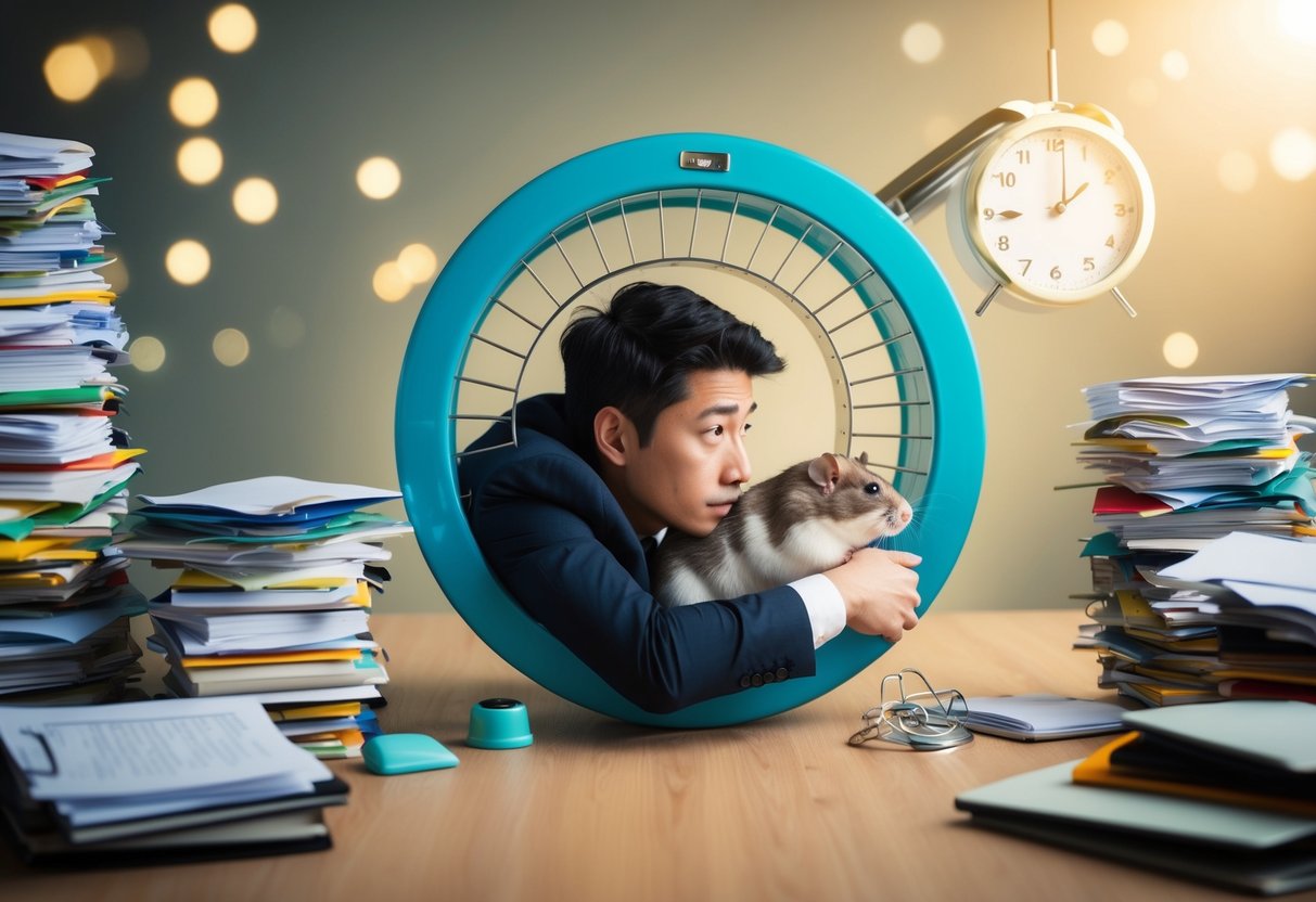A person trapped in a hamster wheel, surrounded by piles of unfinished tasks and a clock ticking away, symbolizing the cycle of stagnation and the urgency to break free