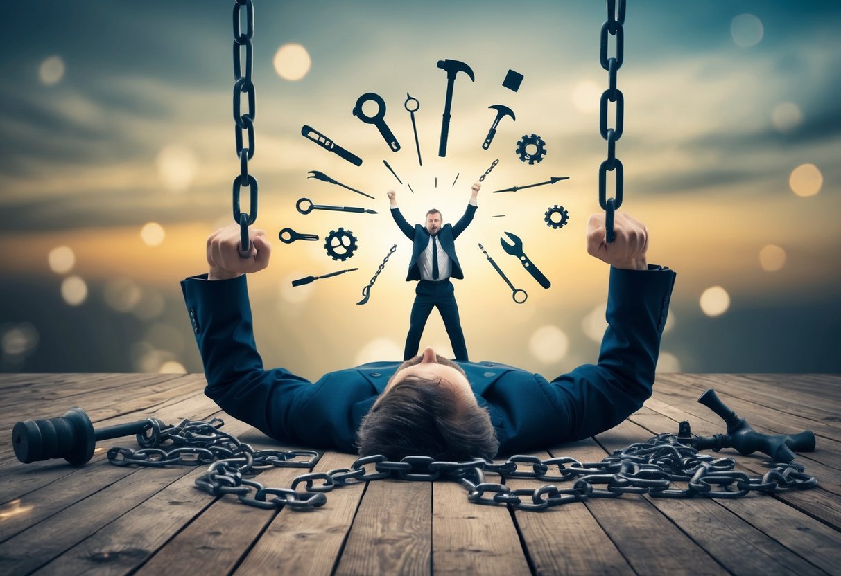 A person breaking free from chains with tools and strategies scattered around, symbolizing liberation from a life they hate
