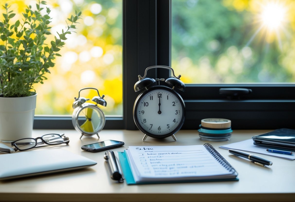 A cluttered desk with a half-finished to-do list, a clock ticking away, and a window with sunlight streaming through, symbolizing the need for change