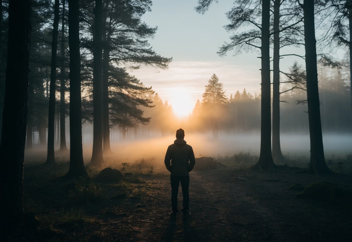 A person standing at the edge of a dark and foggy forest, looking out towards a bright and hopeful sunrise breaking through the trees
