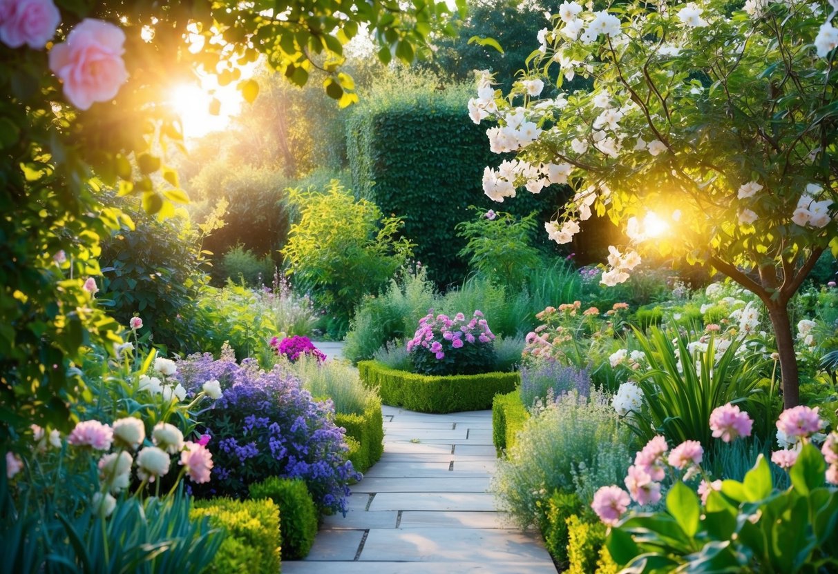 A serene garden with blooming flowers and lush greenery, surrounded by a soft golden glow emanating from within