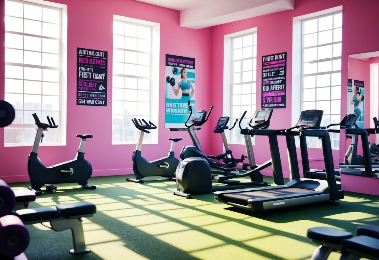A vibrant gym scene with various workout equipment and motivational posters on the walls. Bright natural light streams in through large windows, casting a warm glow over the space