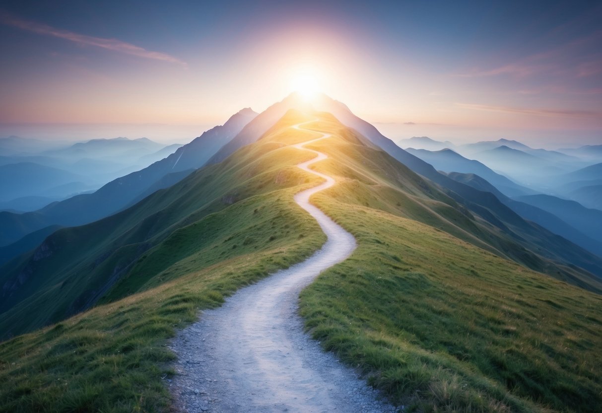 A serene mountain landscape with a winding path leading to a glowing, ethereal light at the peak