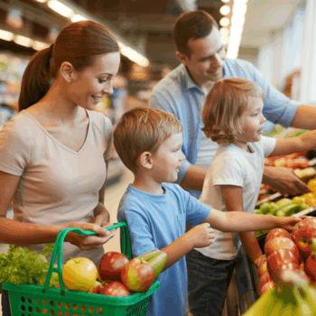A photograph of a family of four—a mother, father, and two young children—browsing the produce section of a bustling grocery store.
