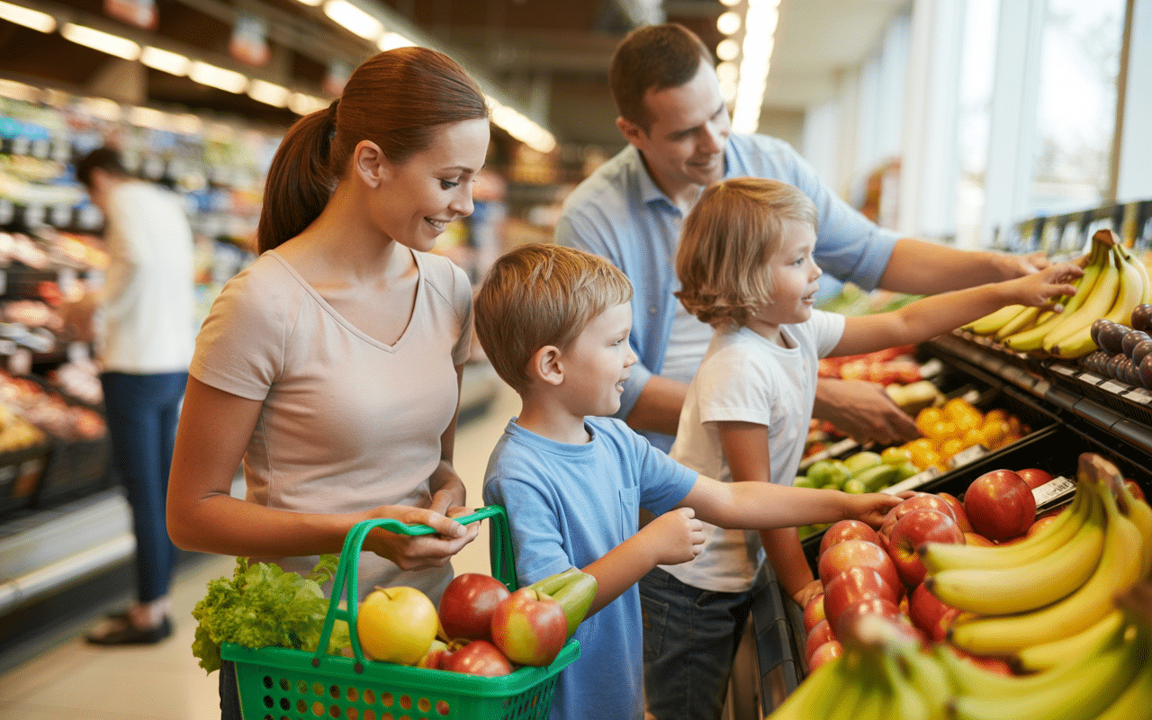 A photograph of a family of four—a mother, father, and two young children—browsing the produce section of a bustling grocery store.