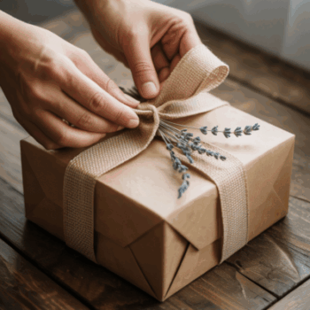 a pair of hands tying a ribbon onto a brown small gift box