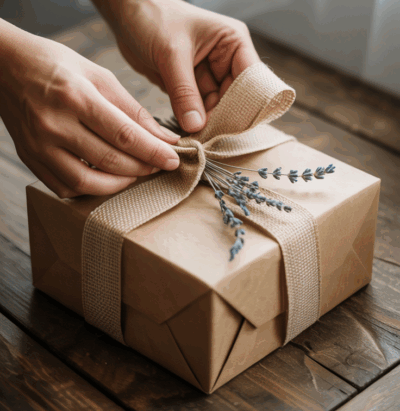 a pair of hands tying a ribbon onto a brown small gift box