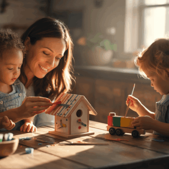 A mom making crafts at the kitchen table with tow children