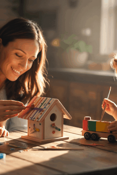 A mom making crafts at the kitchen table with tow children