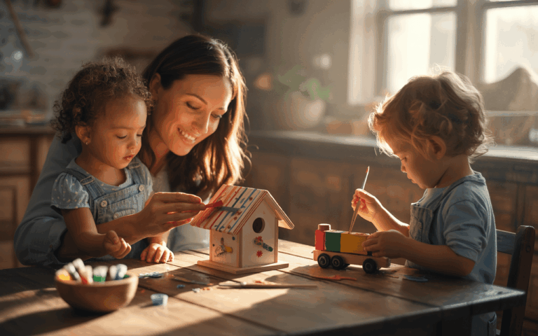 A mom making crafts at the kitchen table with tow children