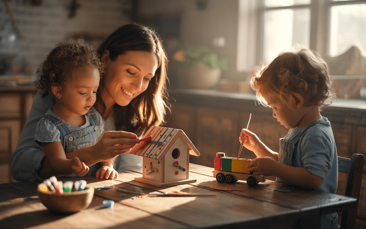 A mom making crafts at the kitchen table with tow children