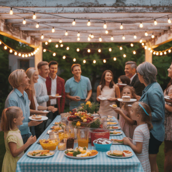 A group of people at a backyard party around the food table