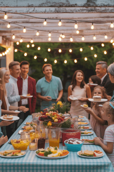 A group of people at a backyard party around the food table