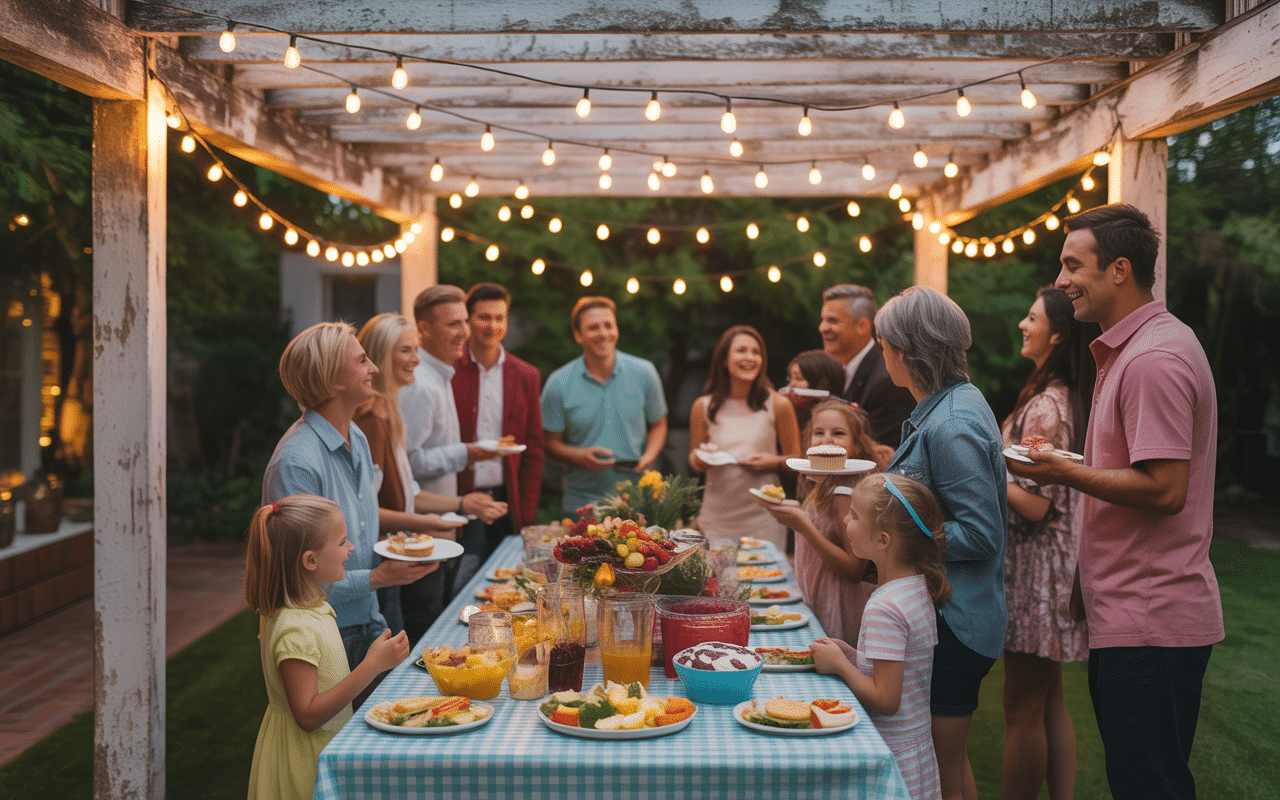 A group of people at a backyard party around the food table