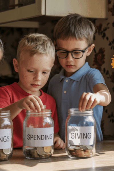 children sorting coins at the kitchen counter into jars that say Savings, spending, giving