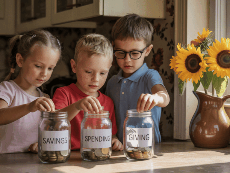 children sorting coins at the kitchen counter into jars that say Savings, spending, giving