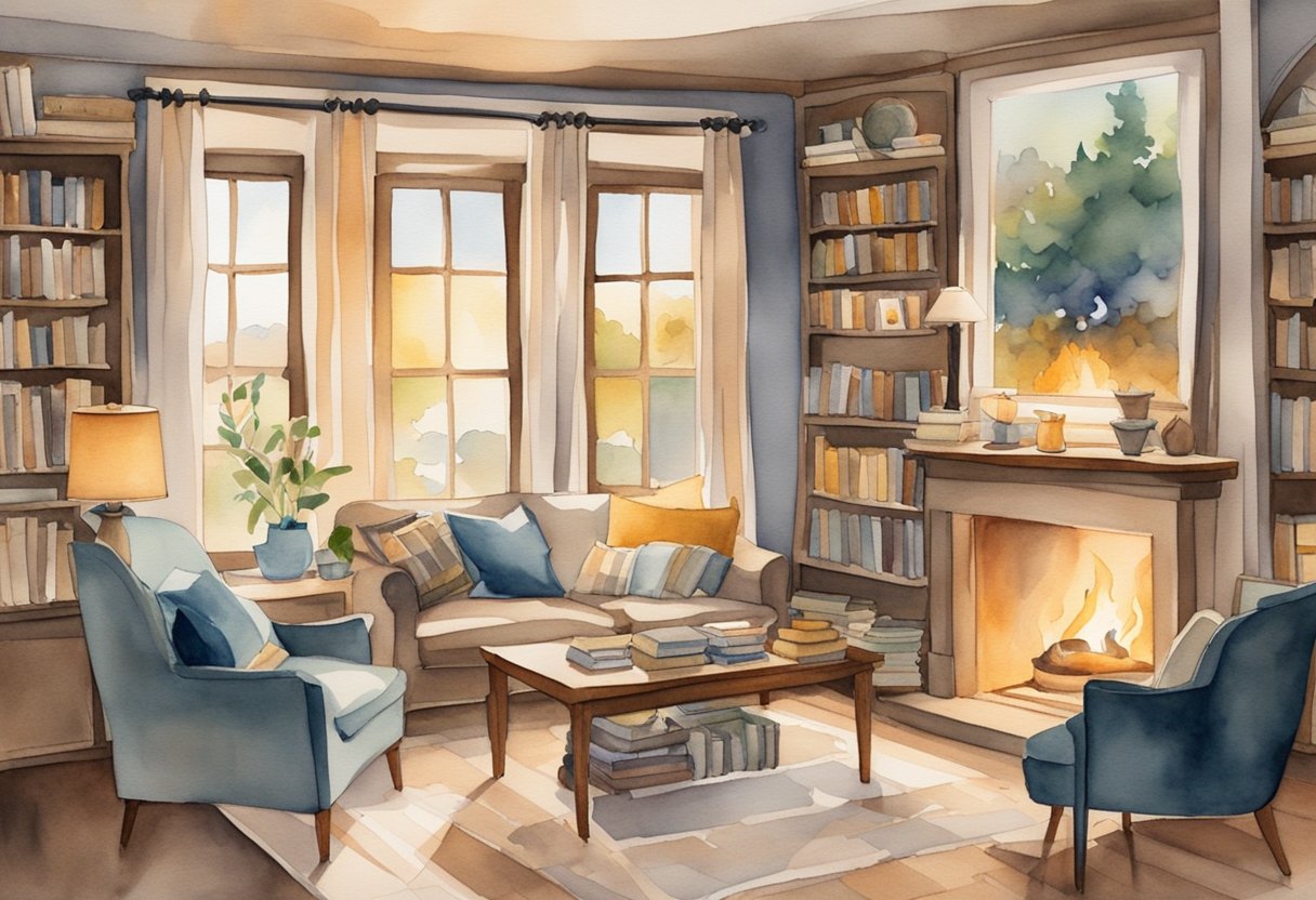 A cozy living room with warm lighting, comfortable seating, and shelves filled with books and personal mementos. A crackling fireplace adds to the inviting atmosphere